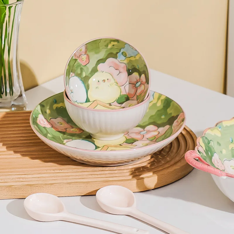 Ins Cartoon Pattern Children Tableware Safe Material Ceramic Dinner Plates and Bowl Kids Dinnerware Creative Gift