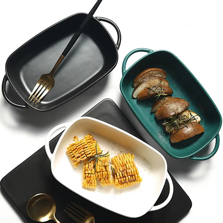 Прямоугольная форма для выпечки в микроволновой печи, керамический обеденный набор, скандинавская форма для выпечки, фарфоровая форма для выпечки с ручкой, форма для выпечки