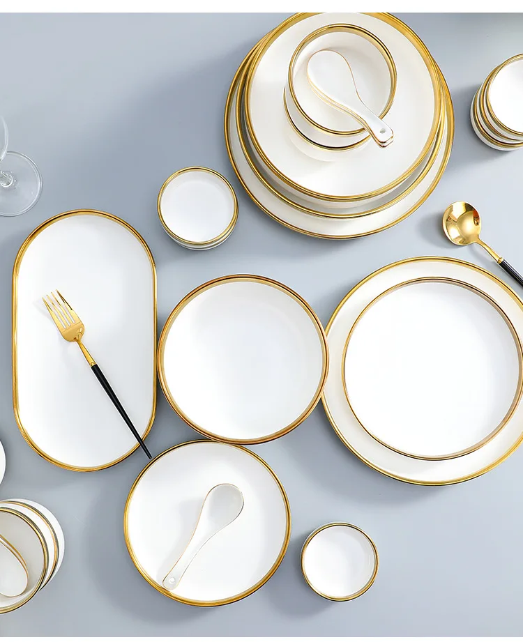 Luxury Tableware Porcelain Dinnerware White Dinner Plates and Bowls Set for Wedding Ceramic Dishes With Gold Rim