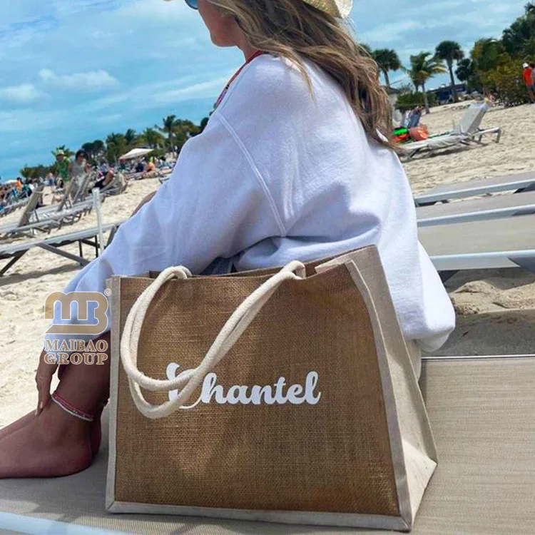 Эко-многоразовая упаковка для покупок для продуктов, нетканая сумка, льняная сумка с ручкой, изготовленная на заказ подарочная пляжная сумка из мешковины, джутовая пляжная сумка