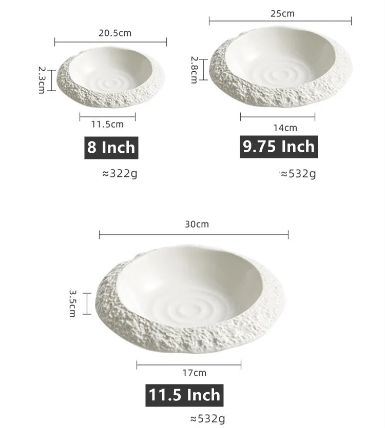 Rock Rim White Restaurant Tableware Round Deep Plate for Salad Soup Dessert Cold Dish Serving for Dining