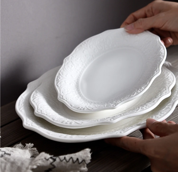 Classic White Ceramic Dining Plate Vintage Nordic Style Ins Tableware Lace Home Western Food Steak Plate Solid Color Glass