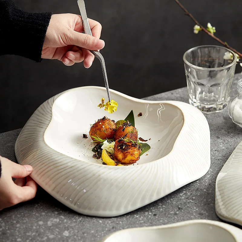 Hot Selling Creative Irregular Bevel Porcelain White Dinner Plates Tableware Dessert Salad Dishes Plates