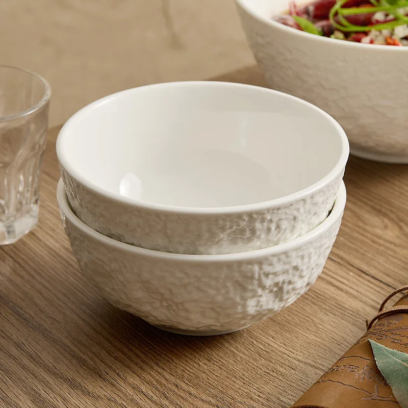 Round Rock Stone Pattern Rice Bowl White Porcelain Noodle Soup Salad Bowls