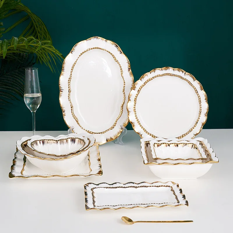 Simple Style White Heart Shaped Gold Hotel Party Plates Dishes Eco square Dinner Tableware Dinnerware Set