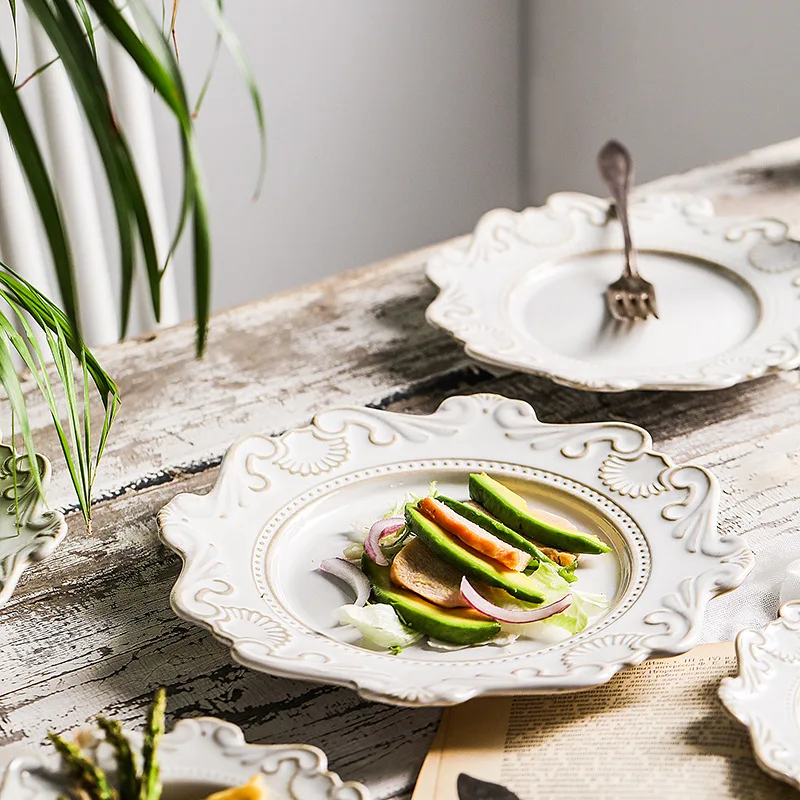 Retro European Glazed Ceramic Tableware Set White and Blue Baroque Embossed Dinner Crockery Dinnerware