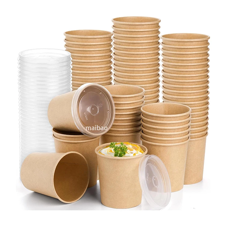 Пользовательские 500 мл 600 мл 750 мл Бумажная миска Одноразовые 24 унции Крафт-бумажные суповые миски с крышкой Еда Обед Салат Лапша Супная миска на вынос