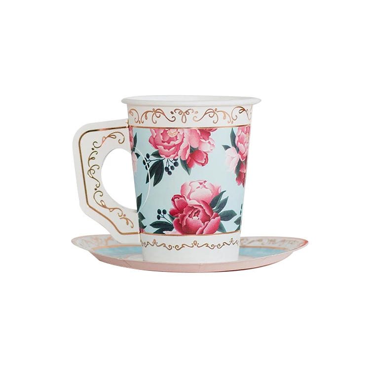 Хорошее качество печатные ламинированные водонепроницаемые одноразовые одноразовые бумажные чашки для чая и блюдца для свадебной вечеринки и блюдца с ручками