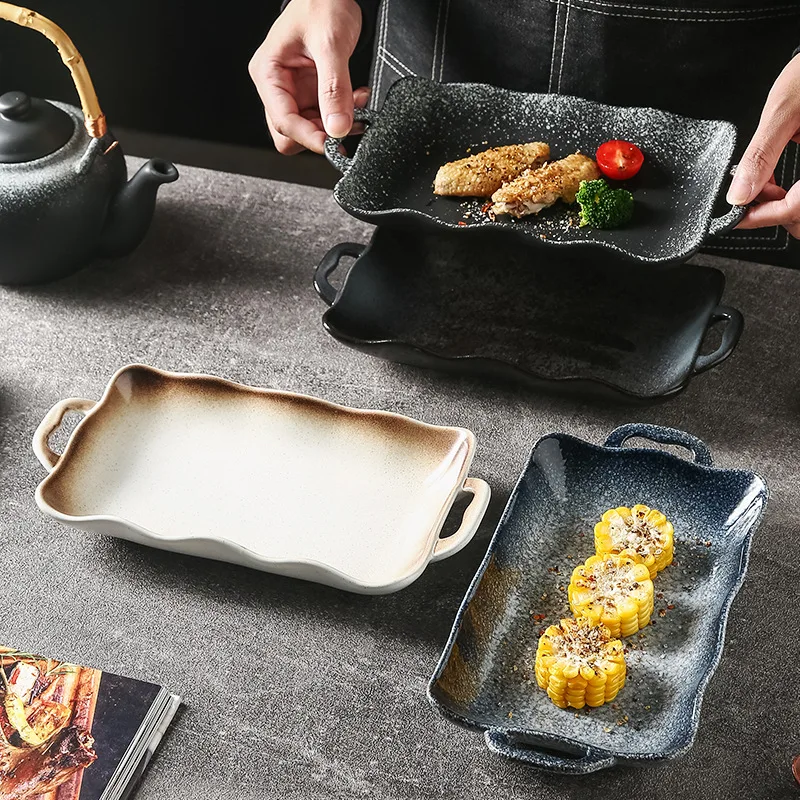 Набор прямоугольных керамических тарелок с ручкой и кружевными краями для свадьбы, сервировки стейков и салатов