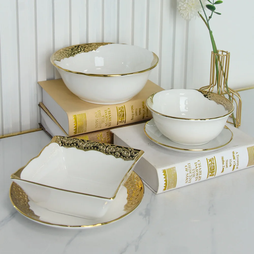 Gold Edged Ceramic Tableware Home Western Food Plate Steak Fruit Salad Bowl  Luxury Dinnerware Set Wedding Restaurant  Dishes