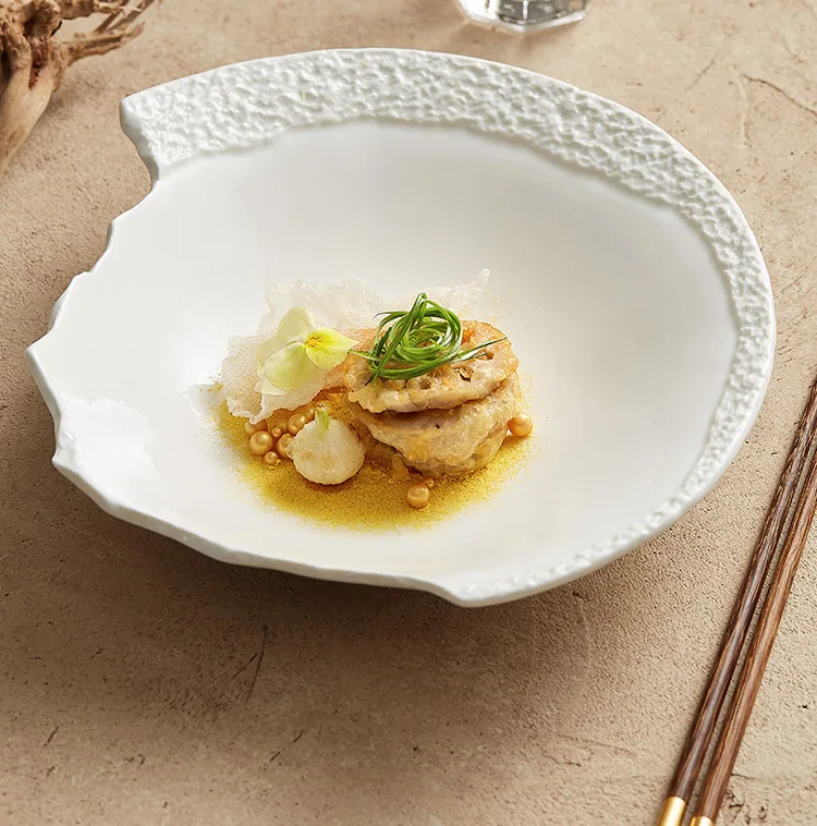 Unique Irregular White Dinner Plates Incompleted Ceramic Soup Salad Bowl for Restaurant Tableware