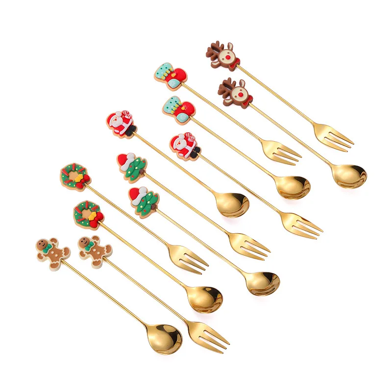 Christmas Cartoon 304 Stainless Steel 4pcs Set Eco-Friendly Gold Silver Fork Spoon for Coffee & Fruit for Giveaways