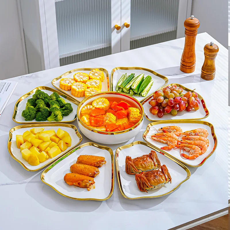 Wholesale Fan Shaped Gold Edge Ceramic Plate Combination Dinner Plate Minimalist Ceramic Tableware Set