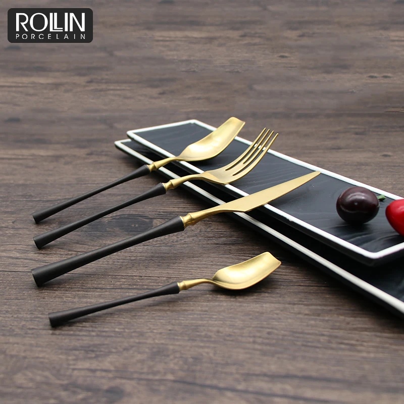 Горячая продажа столовых приборов черного и золотого цвета для отелей и ресторанов