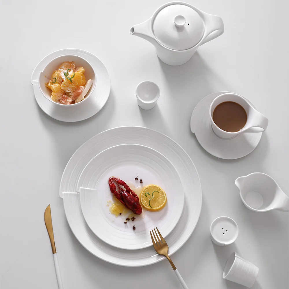 Оптовая продажа, горячая распродажа, керамический отель, белая столовая посуда, сервиз из саржи, набор столовых тарелок, фарфоровый набор для ужина
