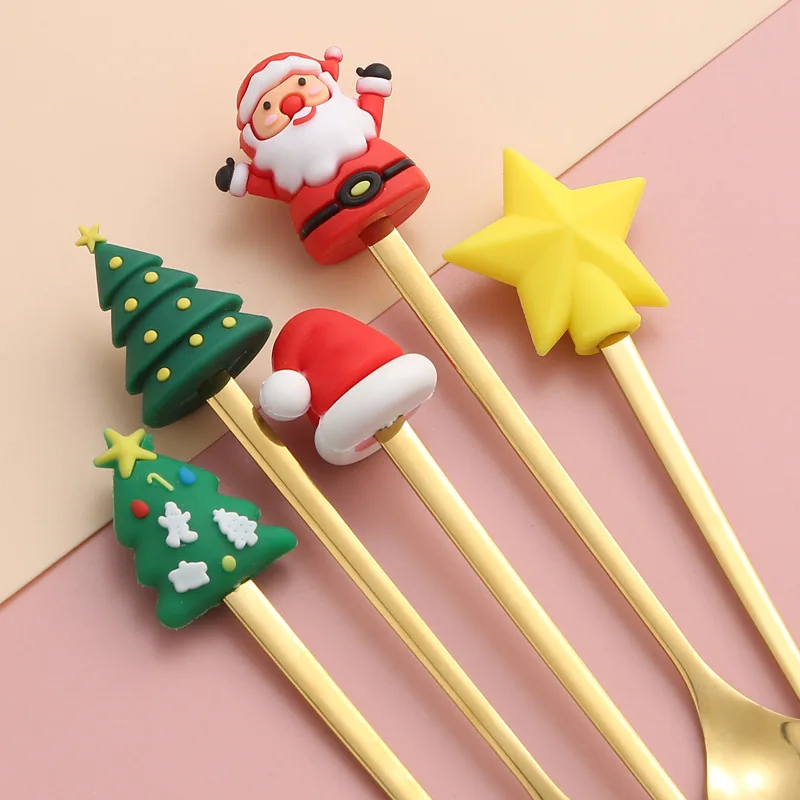 Christmas Cartoon Cute Design Metal Spoon and Fork Set Sustainable  for Coffee Travel Camping Restaurant Use