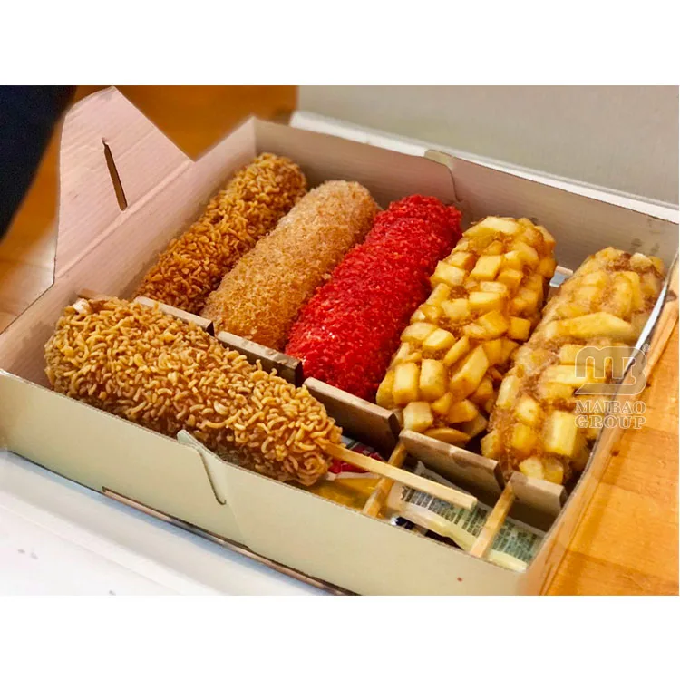Изготовленная на заказ пищевая одноразовая коробка для кукурузных собак, крафт-бумага, коробка для еды на вынос, дизайн упаковки для хот-догов, биоразлагаемая коробка для завтрака