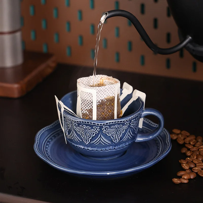 European Porcelain Baroque Embossed Coffee Cups and Saucers Relief Ceramic Coffee Cup Mugs Dishes Sets