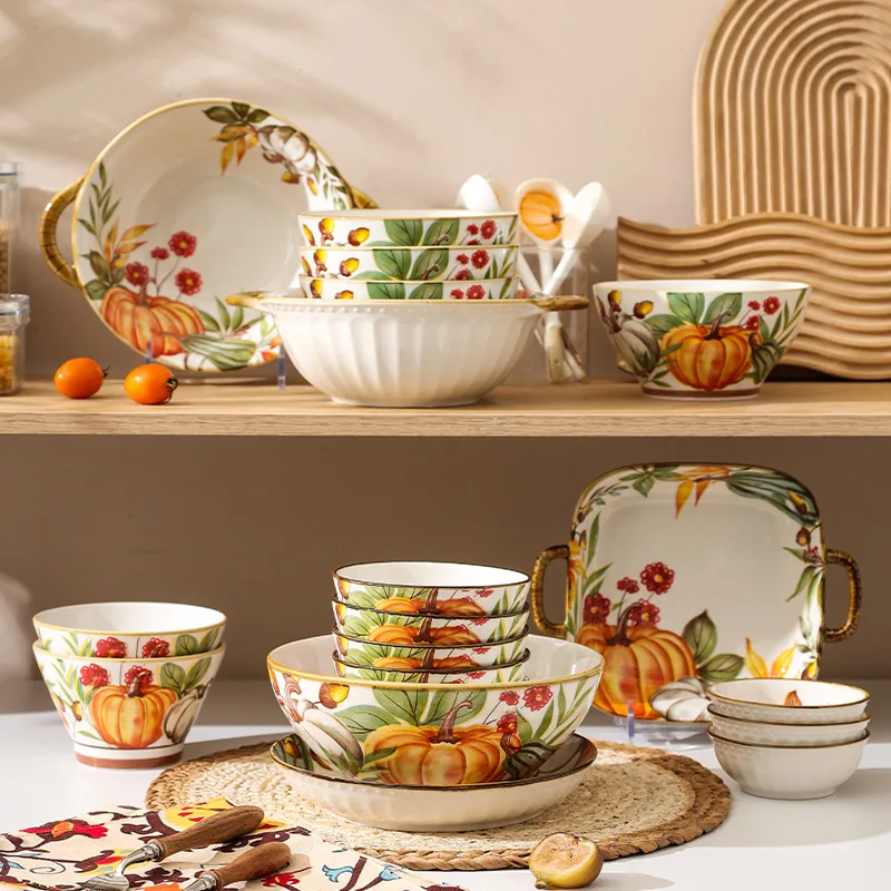 New Pumpkin Ceramic Tableware Combination Household Light Luxury Nordic Bowl Plate Wholesale Under Glaze Colour Tableware