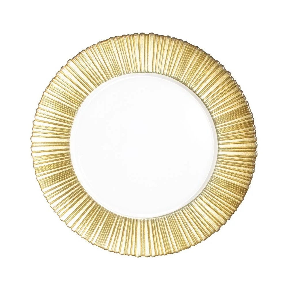 Оптовые стеклянные тарелки для ужина, золотые тарелки, дешевые декоративные тарелки для зарядного устройства, стеклянная позолоченная оправа для свадьбы