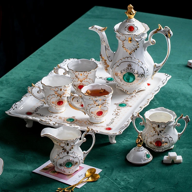 8 Pcs Hot Selling Exquisite European Style Luxury Afternoon Ceramic Tea Set Arabic Tea Cups Set Tea Sugar Milk Pot With Tray