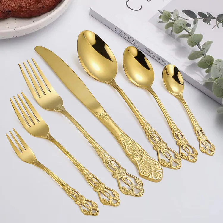 Набор столовых приборов из нержавеющей стали, набор ложек, королевский ресторан в стиле барокко, серебряная посуда, роскошный набор с полой ручкой, винтажные свадебные золотые столовые приборы