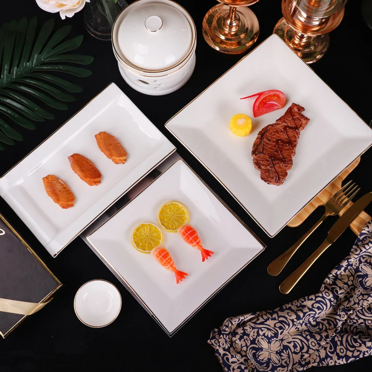 8 Inch 10 Inch European Steak Gold Rimmed Fruit Restaurant Square Food Dish Ceramic Plate