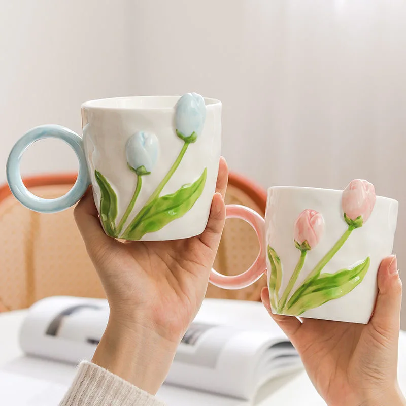 Creative INS Wind Mug 3D Tulip Pattern Household Milk Cup 500ml High Capacity Juice Cup