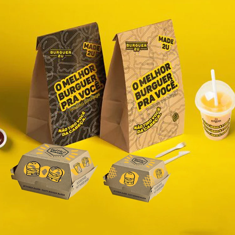 Бумажные пакеты для упаковки гамбургеров на заказ для еды на вынос, жареная курица и картофель фри, пищевой одноразовый пакет из крафт-бумаги на вынос