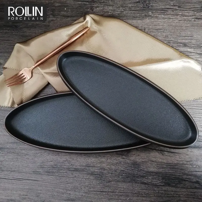 Оптовая торговля посудой для ресторана Черные овальные тарелки Черные тарелки Керамические тарелки для отелей и ресторанов