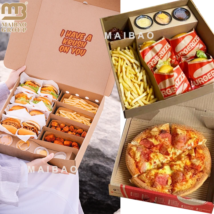 Оптовая продажа, биоразлагаемая коробка для гамбургеров с жареной курицей и принтом на заказ, бумажная коробка для картофеля фри на вынос, упаковочные коробки для еды для пиццы
