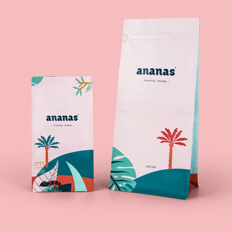 Оптовая экологически чистая алюминиевая фольга с плоским дном для кафе, пакет с принтом, 500 г, 1 кг, пакеты для упаковки кофе с клапаном