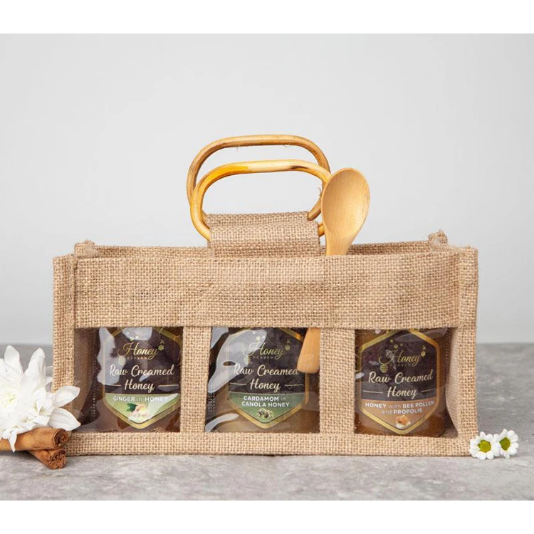 Для еды, чатни, соленья, консервы, пчелиный сырой мед, варенье, биоразлагаемый многоразовый натуральный подарочный набор с прозрачным окном на заказ, сумка из джутовой банки