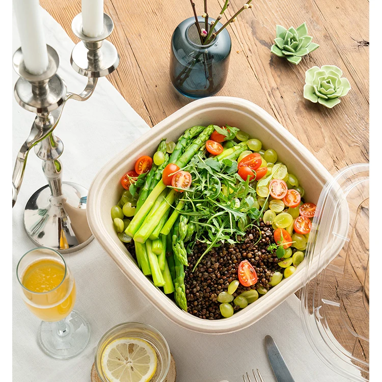 Изготовленные на заказ 500 мл 750 мл 32 унции экологически биоразлагаемые компостируемые одноразовые водонепроницаемые лапши для еды, сахарного тростника, жома, салатницы с крышкой