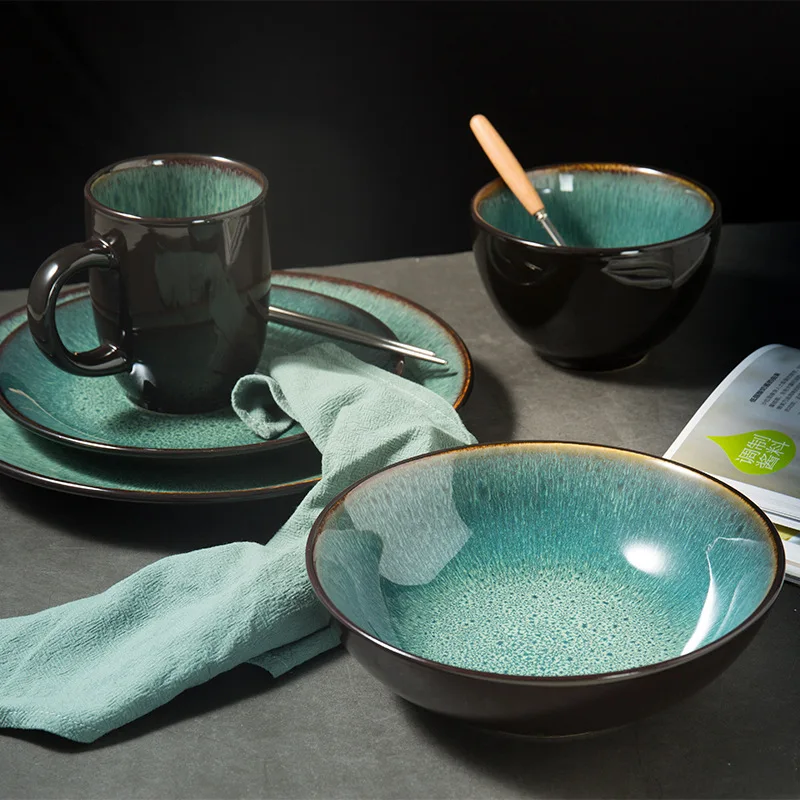 Luxury Stoneware Dinnerware Sets Green Reactive Glazed Ceramic Tableware Bowl Dishes & Plates