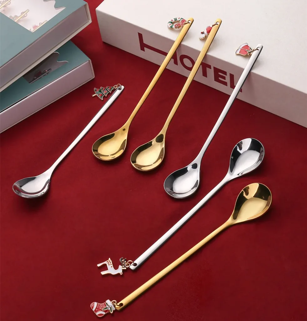 6pcs/set Christmas Gift Stainless Steel Coffee Stirring Spoon Dessert Fork Teaspoon With Gift Box for Xmas Party Tableware Decor