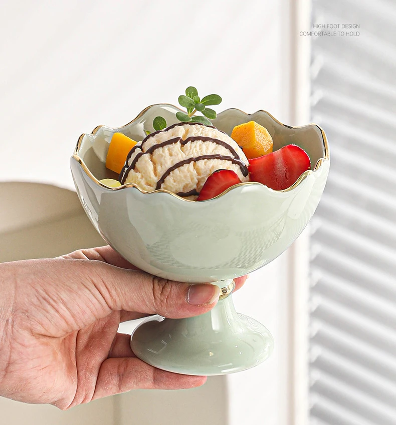 Ceramic Gold Rim Ice Cream Ice Cream Bowl Macaron Simple Salad Bowl Tall Design Feeling Dessert Bowl