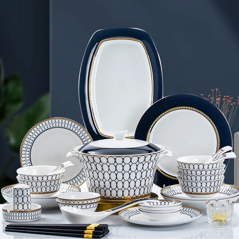 Nordic Italian White Ceramic Dinnerware Set 60pcs with Gold Rim Plant Pattern Porcelain Plate Sustainable Hotel Dining Set