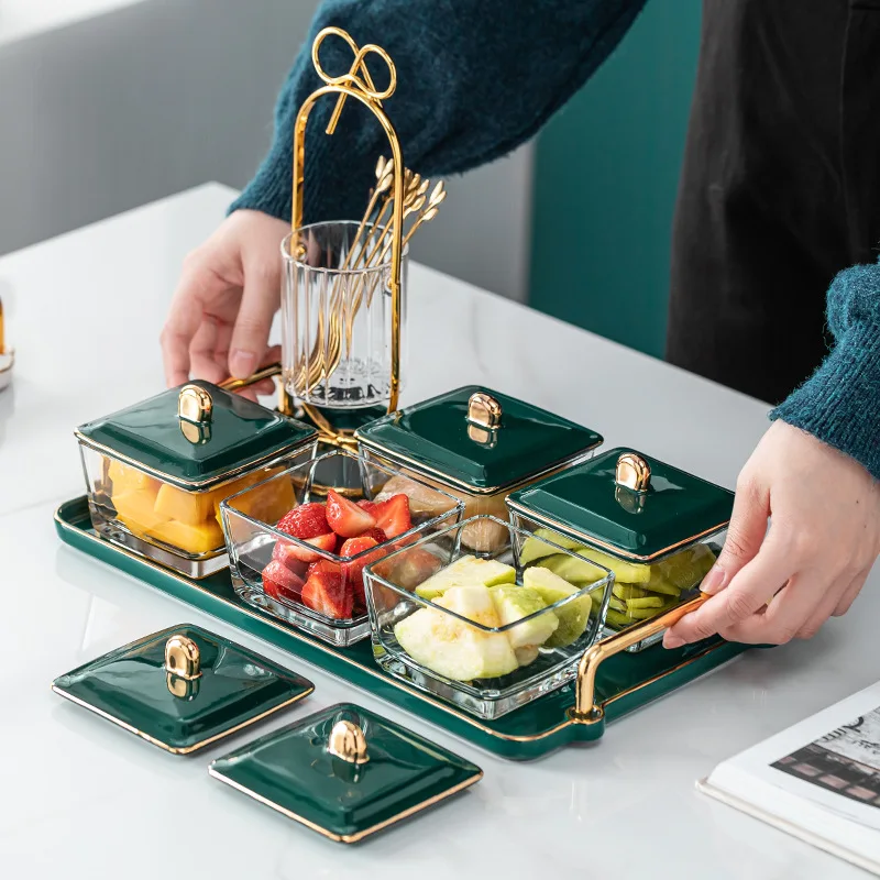 Light Luxury Nordic Style Condiment Set Gold Edge Snack Tray Glass Fruit Plate Multiple Compartment Tray Serving Platter
