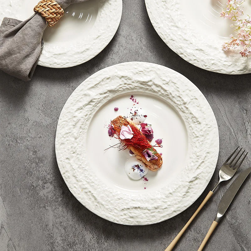 Modern Luxury Disposable Pure White Flat Buffet Plate Ceramic Western Steak Dish for Hotels Restaurants Parties Home Use