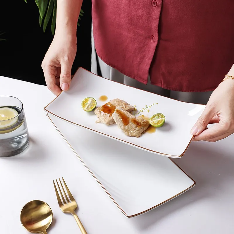 New European Style Gold Edge White Dining Plate Customized Ceramic Plate Rectangular Dish Plate