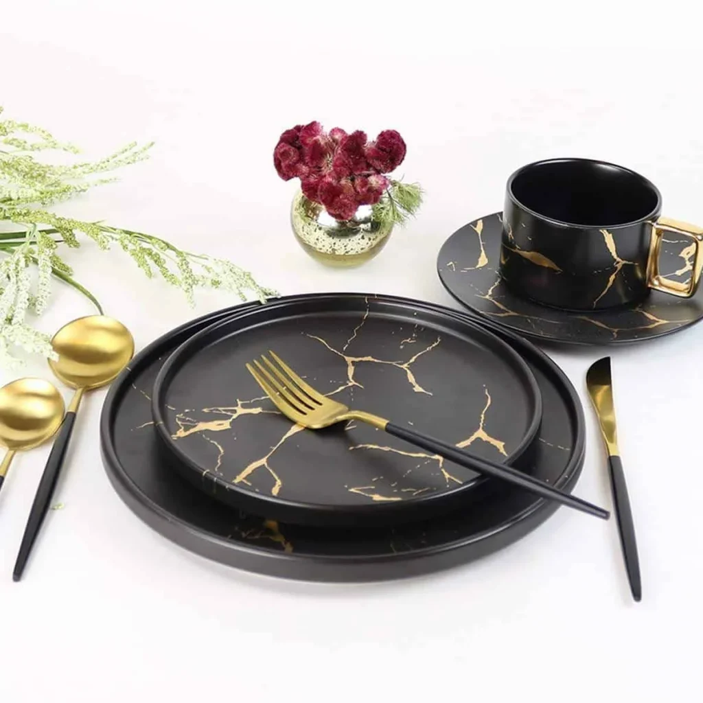 Поставщик столовой посуды Посуда Столовая посуда Керамическая тарелка из скандинавского мрамора Кухонные тарелки Черная мраморная тарелка