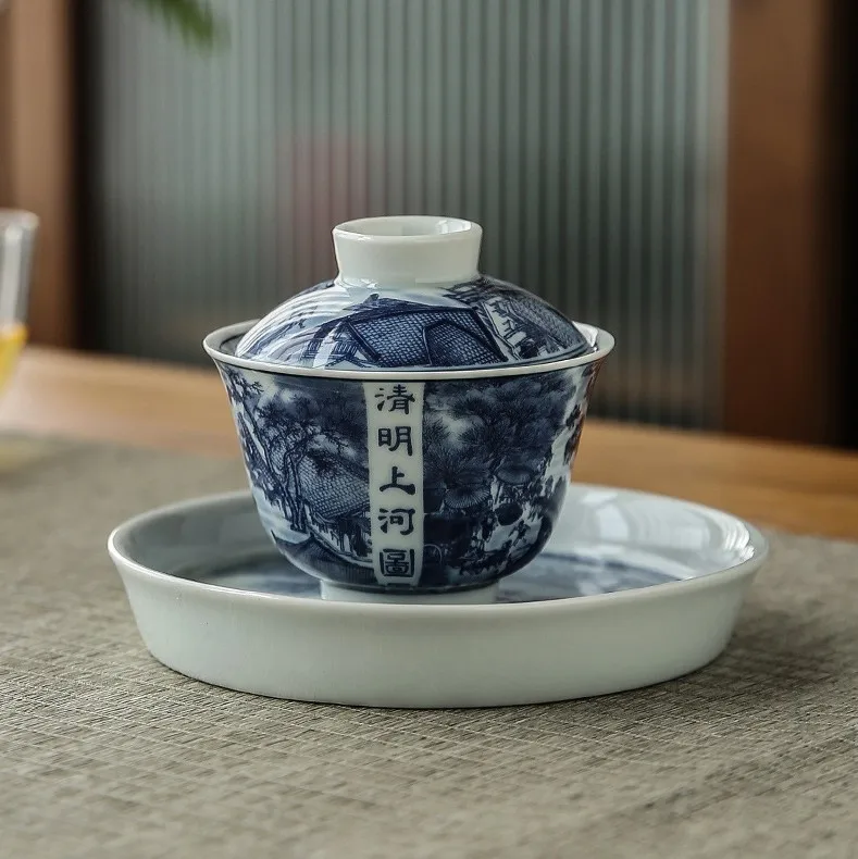 Antique Blue and White Glazed Porcelain Tea Bowl Covered Ceramic Kung Fu Saucer Set Chinese Design for Party Occasions