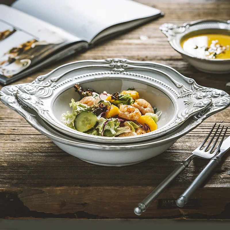 Vintage Baroque Embossed Stoneware Dinnerware Sets Relief Ceramic Plates and Bowls Set