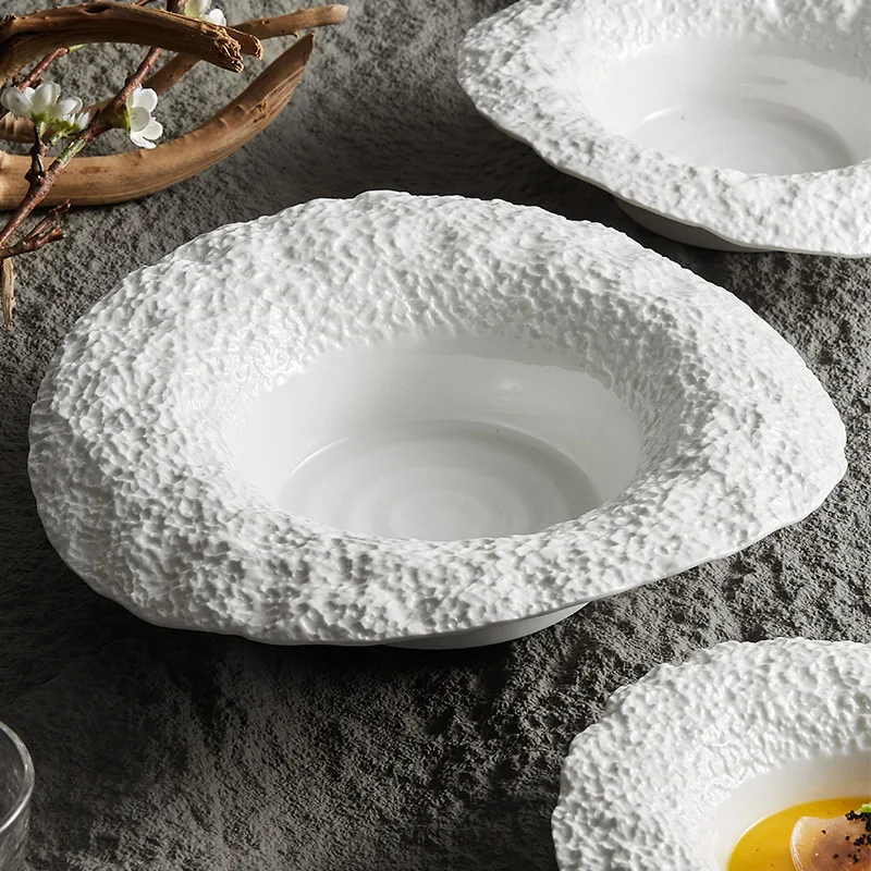 Luxury White Porcelain Fancy Bowls Rock Stone Pattern Ceramic Fruit Salad Soup Serving Bowl for Restaurant