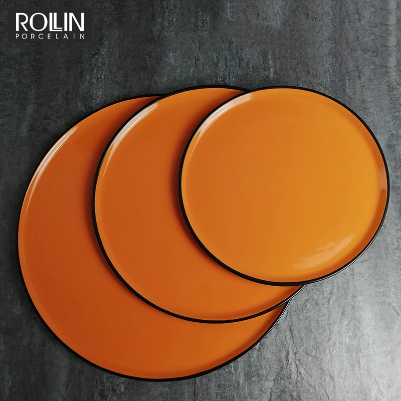 Тарелка на заказ, оранжевая фарфоровая круглая тарелка для десерта с черной каймой