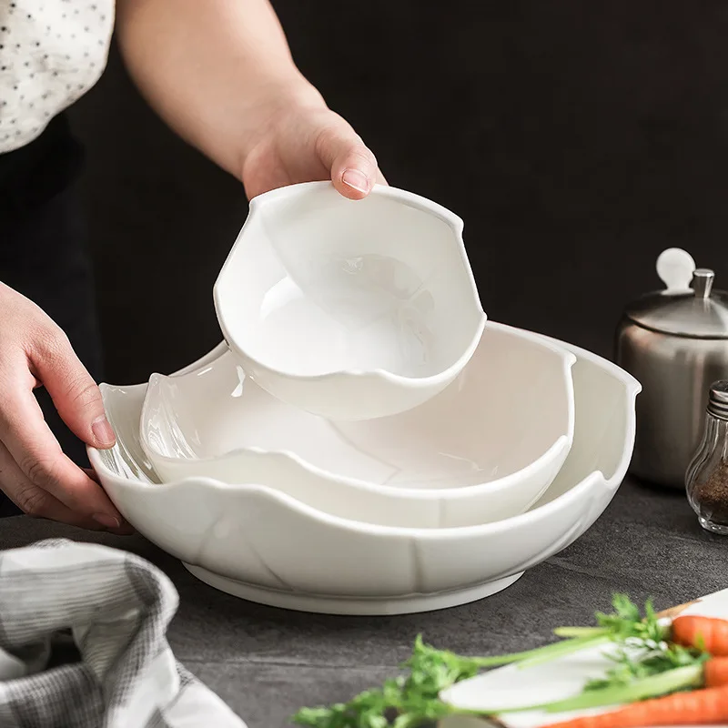 Rock Customized White Porcelain Noodle Soup Salad Bowls Sustainable Round European Design Style Food Serving Dinnerware Party
