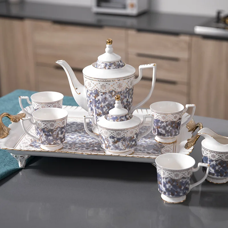 8 PCS European Afternoon Tea Gold Rim Ceramic Coffee Pot and Cups Set With Tray Vintage Purple Tea Cup TeaPot Set