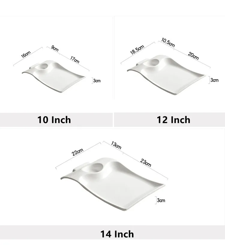 Unique Restaurant Tableware Ceramic Irregular Rectangle Wave Shaped White Dinner Plates With Sauce Dishes