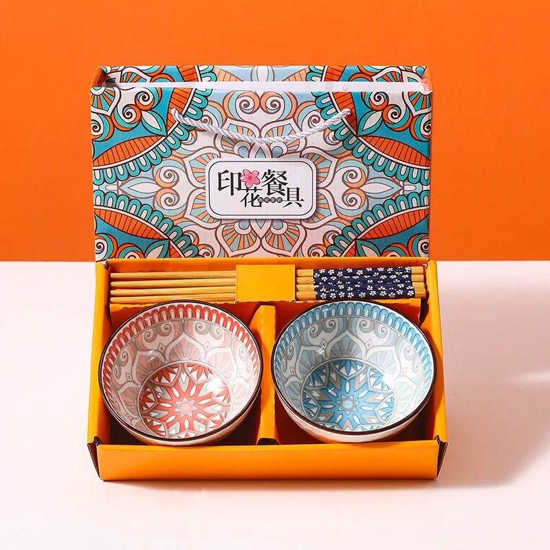 Colorful Printed Under Glazed Boho Gift Set KitchenRice Salad Bowl Gift Set 4.5 Inch Serving Ceramic Bohemia Bowls Set